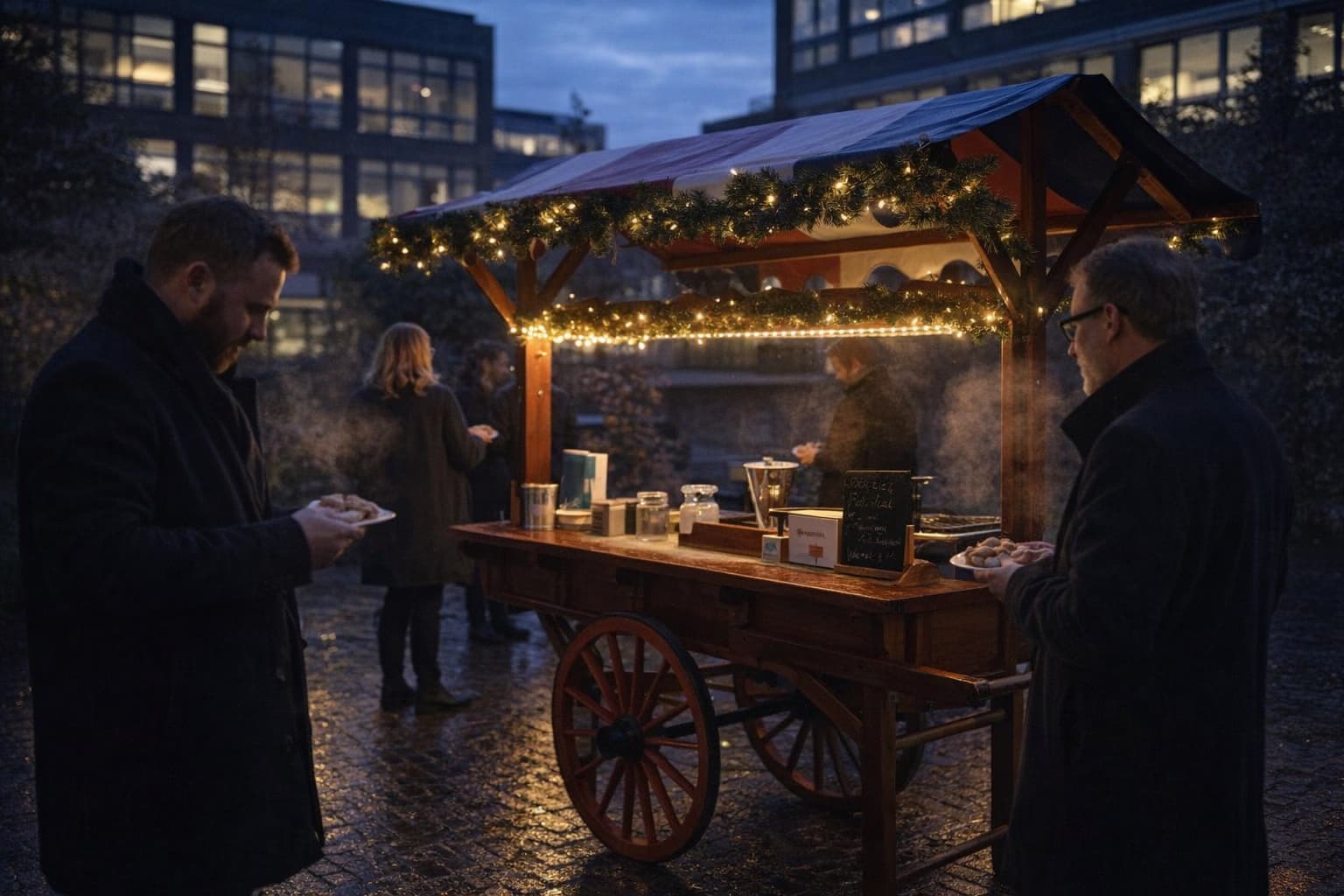 Het poffertjeskraampje met kerstgroen en lichtjes op een decemberavond, gasten in winterjassen met een bordje verse poffertjes