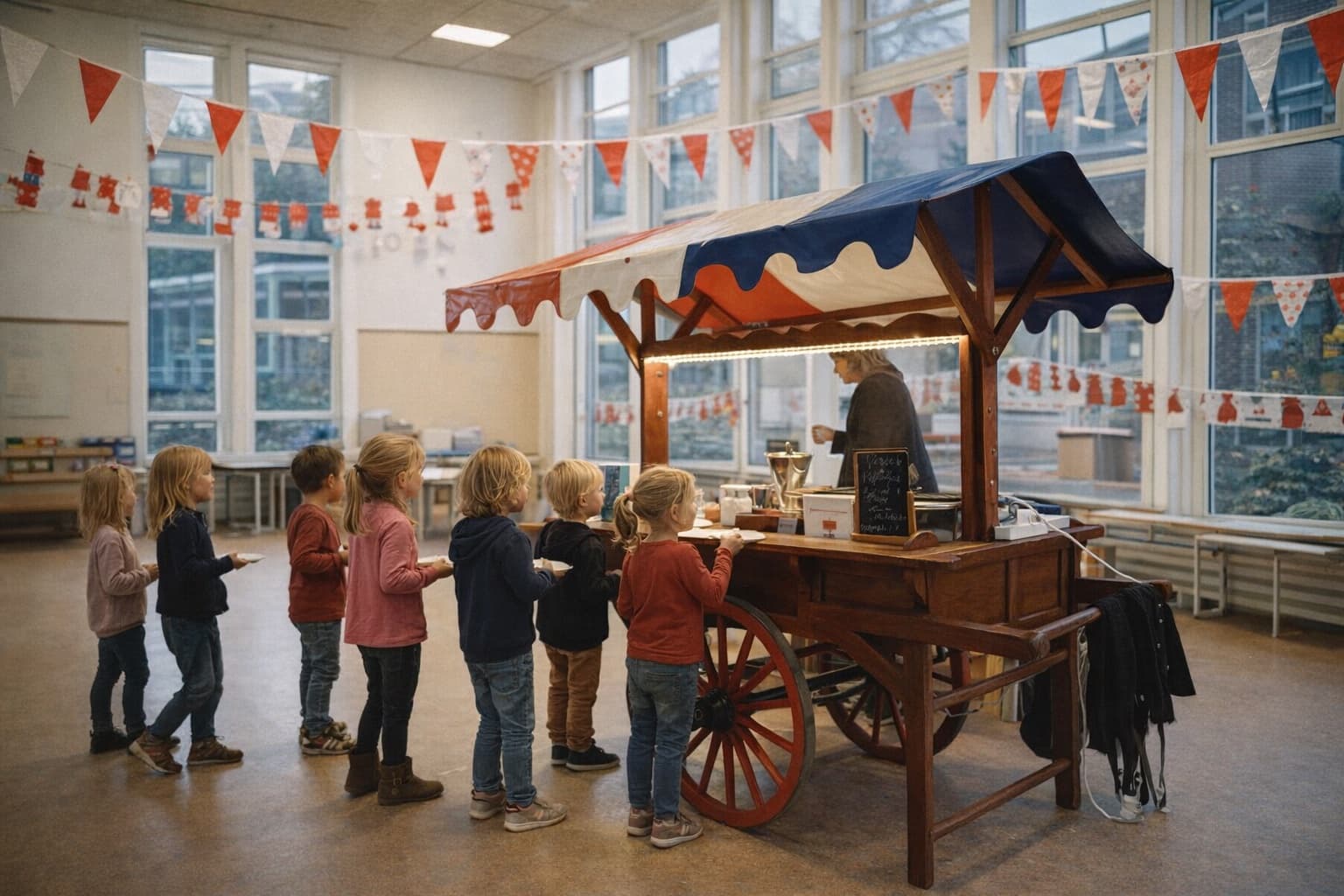 Het poffertjeskraampje binnen in een schoolhal met rood-witte slingers, kinderen in de rij met een bordje