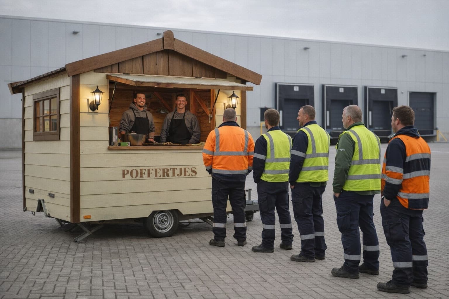 Het poffertjeshuisje op het terrein van een distributiecentrum, medewerkers in werkkleding in de rij bij de toonbank